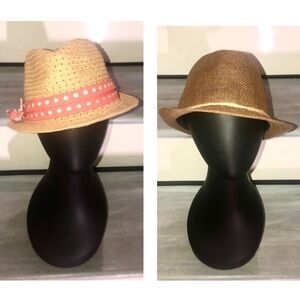 Trilby hats straw with pink & white polka dot ribbon and brown hat